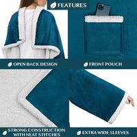 Sherpa Fleece Blanket with Sleeves Women Men Adult, Wearable Blanket Warm Soft Plush Thick, Snuggle Pocket Sleeved TV Throw Wrap, Cozy Ideas Mom Wife, Teal Blue