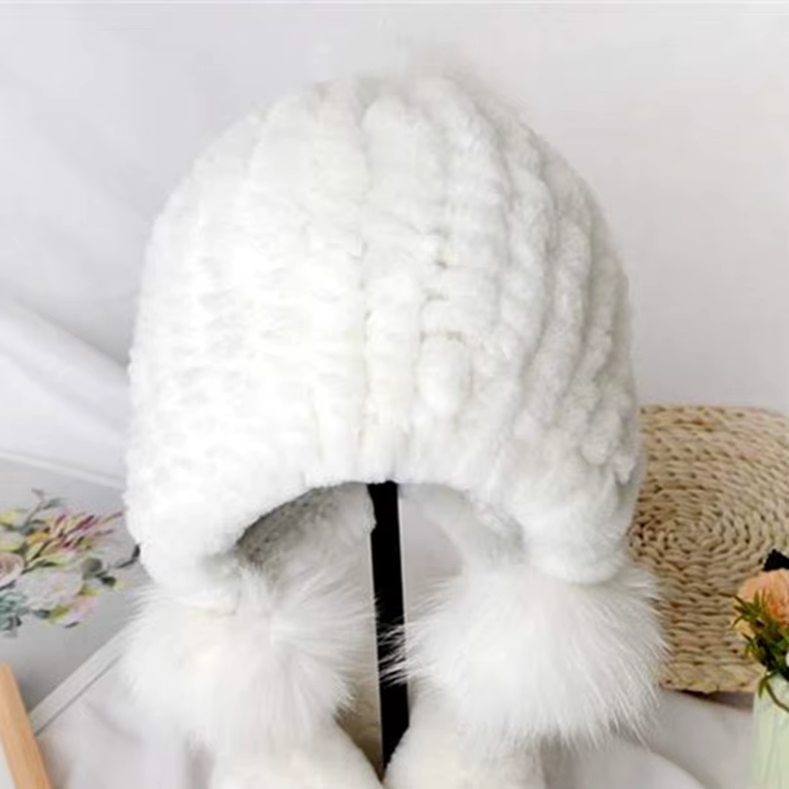 Russian Winter Real Rex Rabbit Fur Earflap Hat Child Boy Girls Knitted Caps DIY Warm Soft Fur Beanies Child