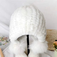 Russian Winter Real Rex Rabbit Fur Earflap Hat Child Boy Girls Knitted Caps DIY Warm Soft Fur Beanies Child
