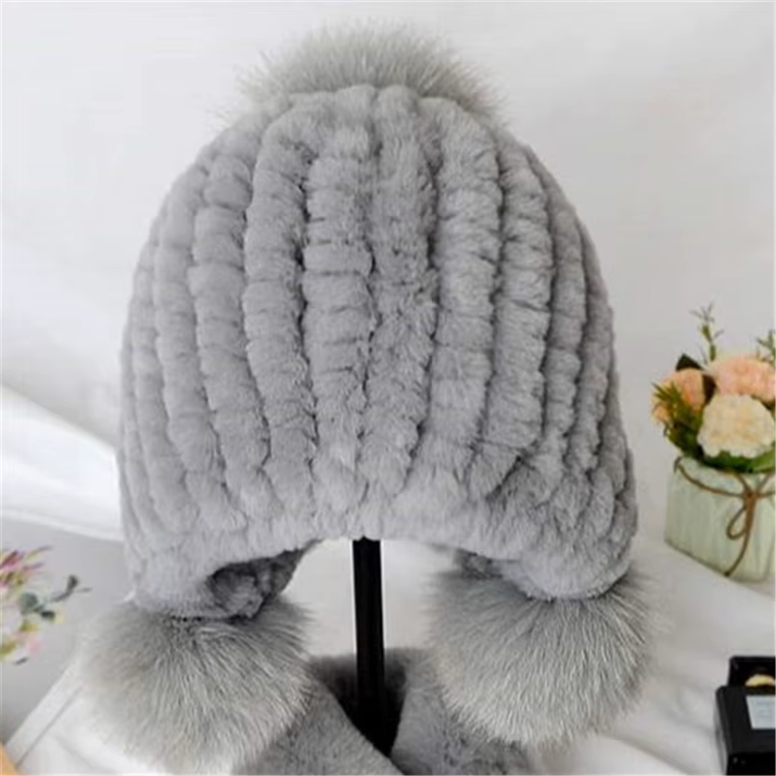 Russian Winter Real Rex Rabbit Fur Earflap Hat Child Boy Girls Knitted Caps DIY Warm Soft Fur Beanies Child