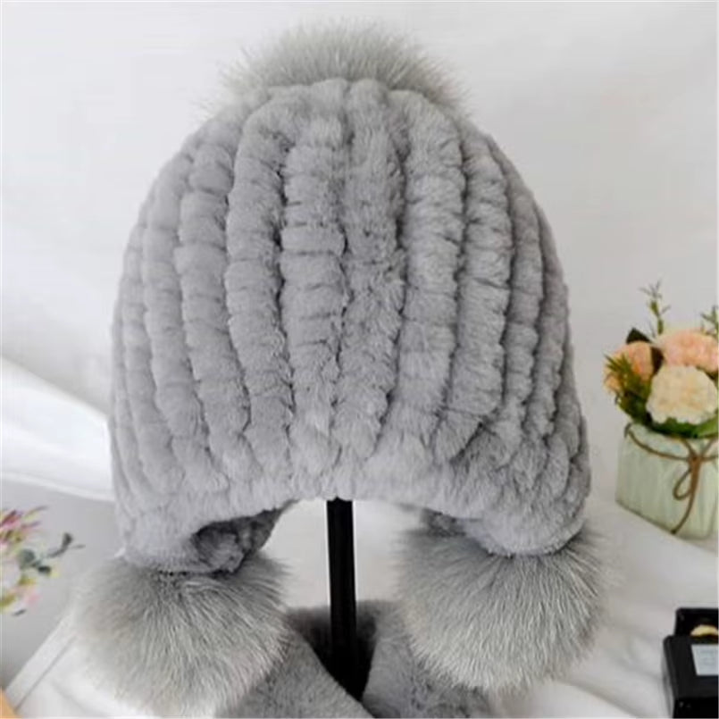 Russian Winter Real Rex Rabbit Fur Earflap Hat Child Boy Girls Knitted Caps DIY Warm Soft Fur Beanies Child