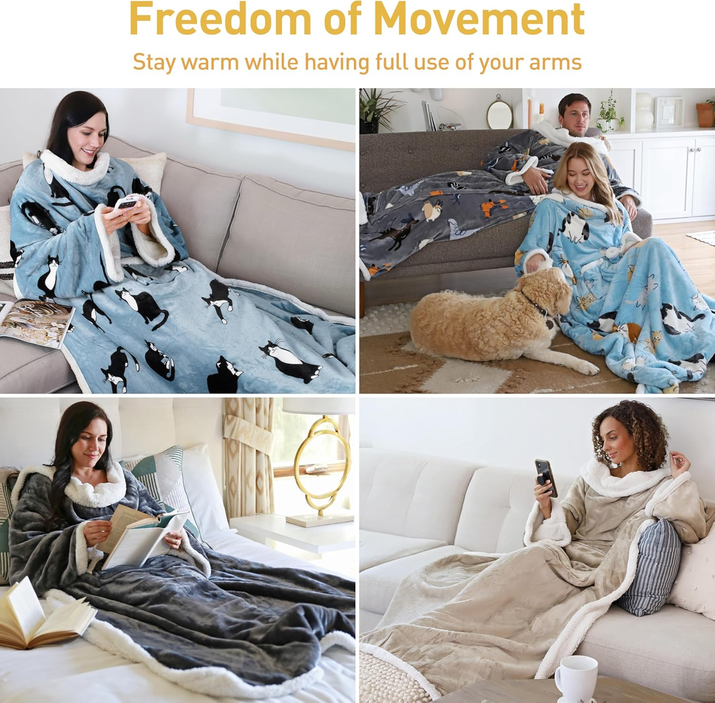 Sherpa Wearable Blanket with Sleeves Arms, Comfy Sleeved TV Wrap Blanket, Large Snuggly Throw for Women and Men, Gift for Her