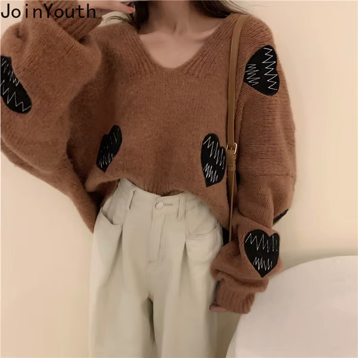 Fall Sweater Y2K Pullovers Korean Heart Oversize Tops Fashion Woman Clothes V Neck Women Sweaters Long Sleeve Jumper Femme Pull