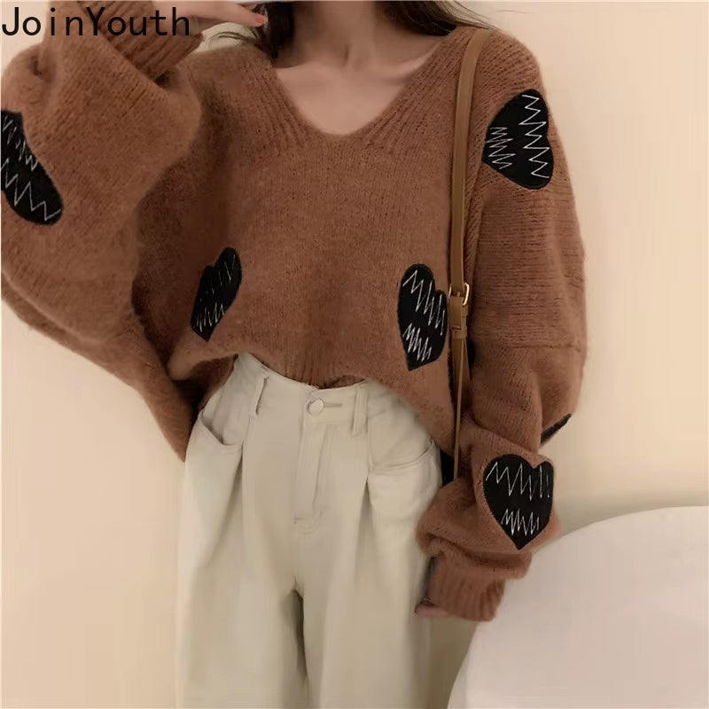 Fall Sweater Y2K Pullovers Korean Heart Oversize Tops Fashion Woman Clothes V Neck Women Sweaters Long Sleeve Jumper Femme Pull