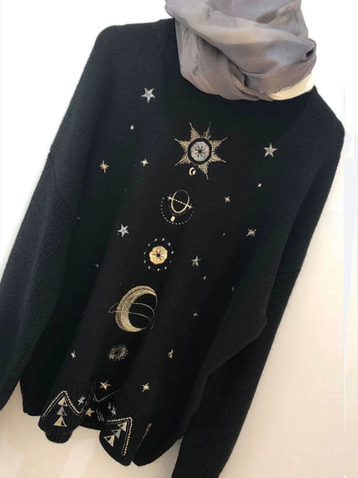 Design Starry Sky Embroidery Sweater High-End 2025 New Autumn Winter Loose Jumper Women Sweater Pullover Knit Top Runway C-055