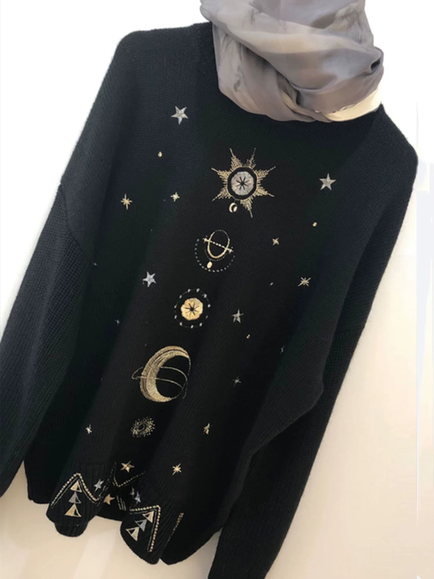 Design Starry Sky Embroidery Sweater High-End 2025 New Autumn Winter Loose Jumper Women Sweater Pullover Knit Top Runway C-055