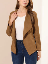 Women'S Faux Suede Drape Collar Long Sleeves Open Front Cardigan XS Brown