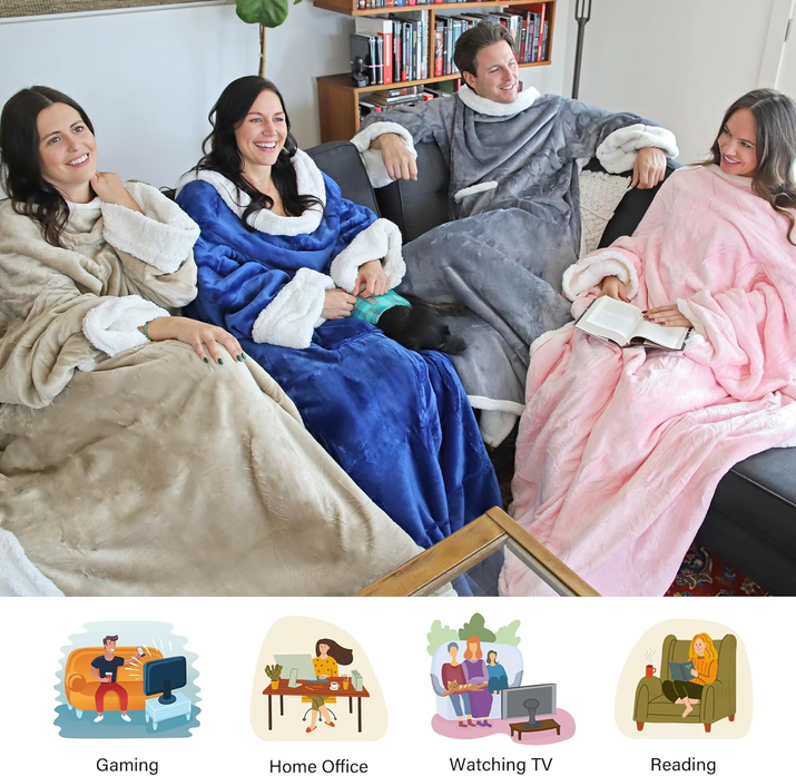 Sherpa Wearable Blanket with Sleeves Arms, Comfy Sleeved TV Wrap Blanket, Large Snuggly Throw for Women and Men, Gift for Her