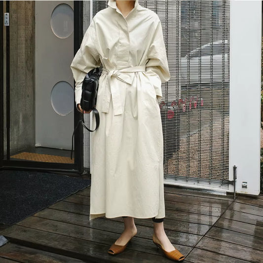 Autumn New Shirt Dresses 2025 Casual Korean Turn-Down Collar Loose Solid Color Bandage Pockets Women Dress