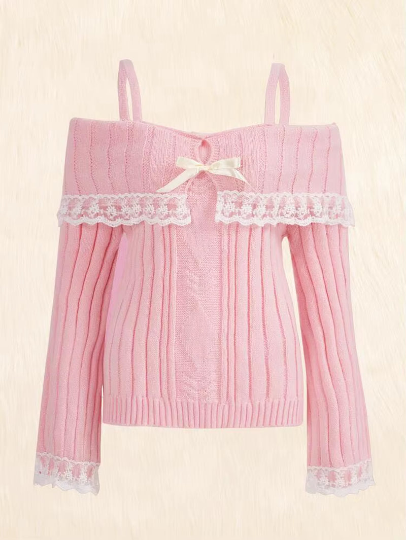 Grunge Women off Shoulder Knit Sweater Pink Pullover Sweet Pullovers Long Sleeve Bow Lace Patchwork Jumpers Y2K Streetwear