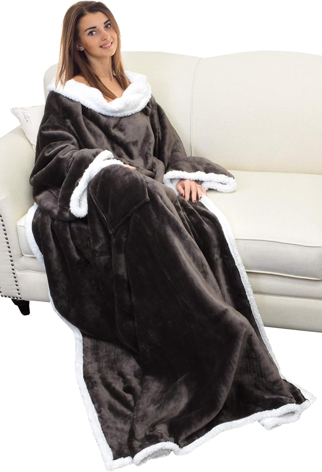 Sherpa Wearable Blanket with Sleeves Arms, Comfy Sleeved TV Wrap Blanket, Large Snuggly Throw for Women and Men, Gift for Her