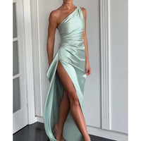 Exude timeless sophistication in this one-shoulder satin gown, designed for summer soirées and evening elegance. Featuring a sleeveless silhouette, daring high slit, and alluring backless detail, this dress is the epitome of graceful allure—perfect for cocktail parties, formal gatherings, or any occasion where elegance is essential