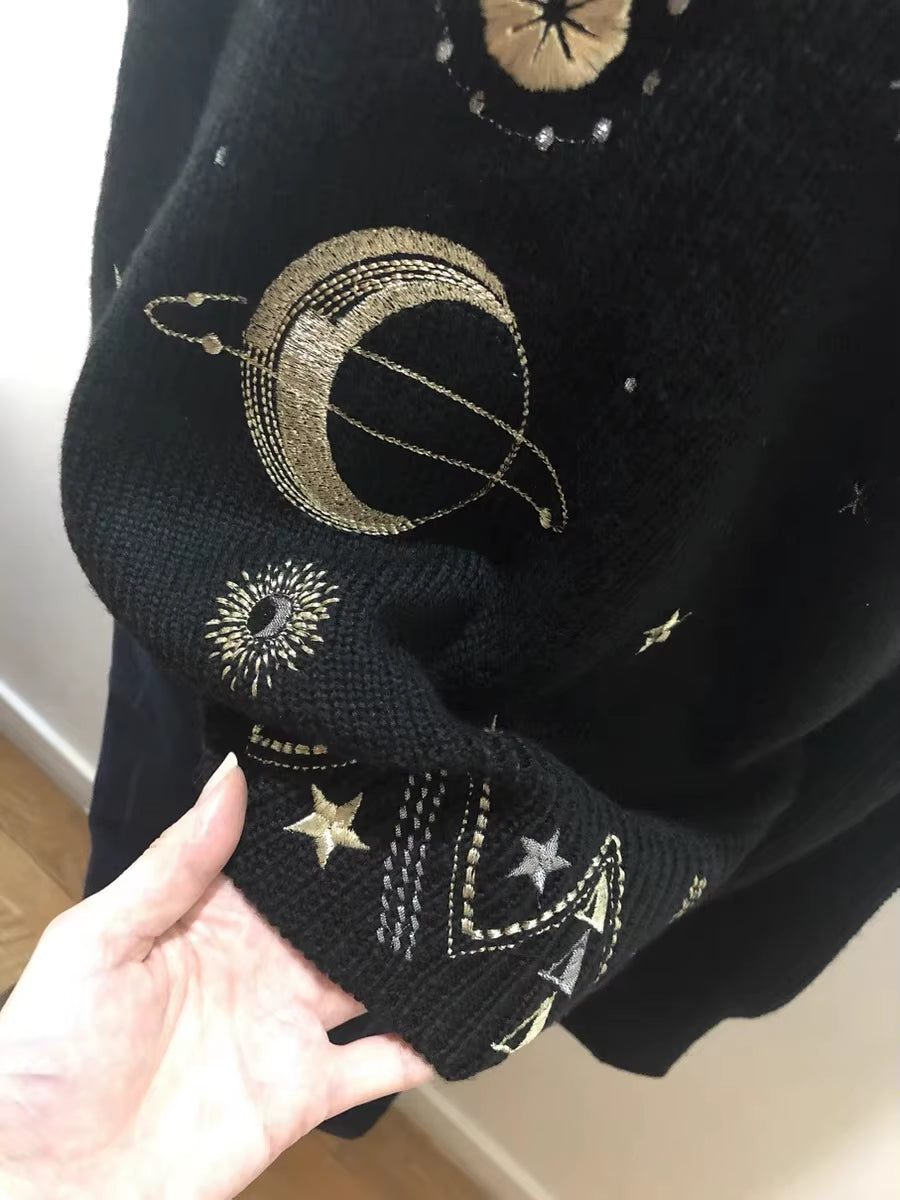 Design Starry Sky Embroidery Sweater High-End 2025 New Autumn Winter Loose Jumper Women Sweater Pullover Knit Top Runway C-055