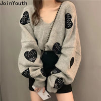 Fall Sweater Y2K Pullovers Korean Heart Oversize Tops Fashion Woman Clothes V Neck Women Sweaters Long Sleeve Jumper Femme Pull