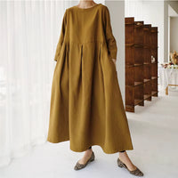 New Korean Women Clothing Dresses 2025 Autumn O-Neck Casual Pockets A-Line Loose Solid Color Female Dress