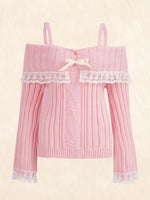Grunge Women off Shoulder Knit Sweater Pink Pullover Sweet Pullovers Long Sleeve Bow Lace Patchwork Jumpers Y2K Streetwear