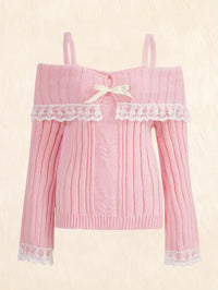 Grunge Women off Shoulder Knit Sweater Pink Pullover Sweet Pullovers Long Sleeve Bow Lace Patchwork Jumpers Y2K Streetwear