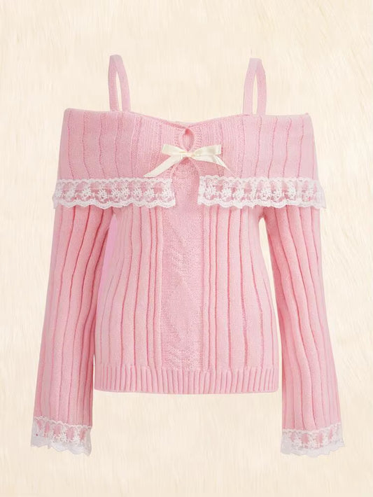 Grunge Women off Shoulder Knit Sweater Pink Pullover Sweet Pullovers Long Sleeve Bow Lace Patchwork Jumpers Y2K Streetwear