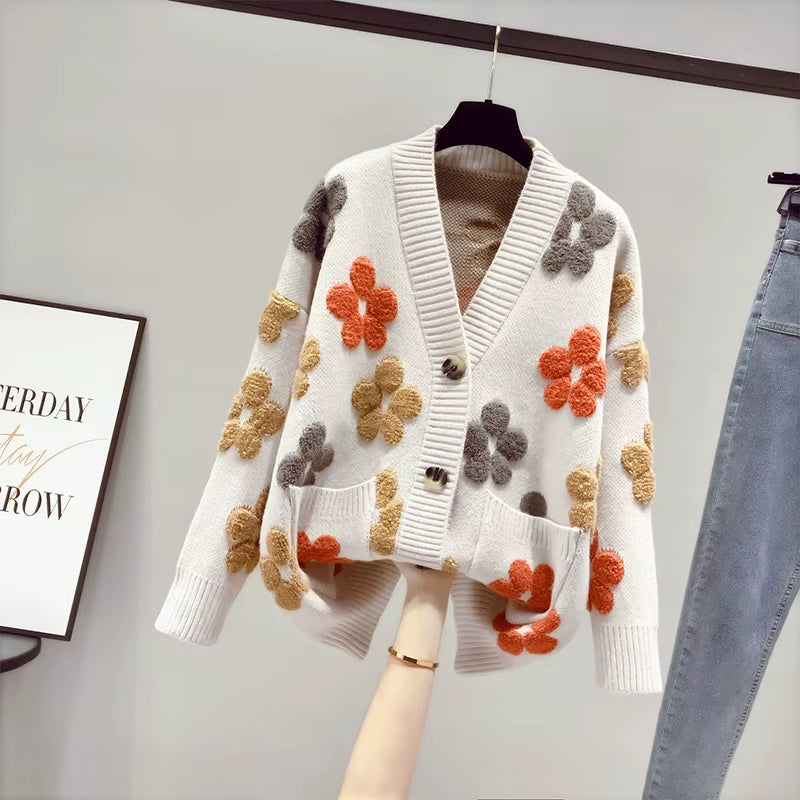 2023 Spring and Autumn Fashion New Women'S Knitted Long-Sleeved V-Neck Sweater Cardigan Jacket Women Loose Western Style