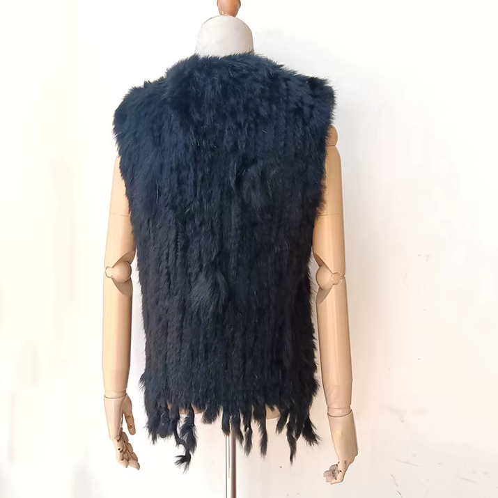 Knitted Real Rabbit Fur Vest with Tassel Casual Women Autumn Real Fur Gelit Ladies Sleeveless Real Fur Coats for Womans