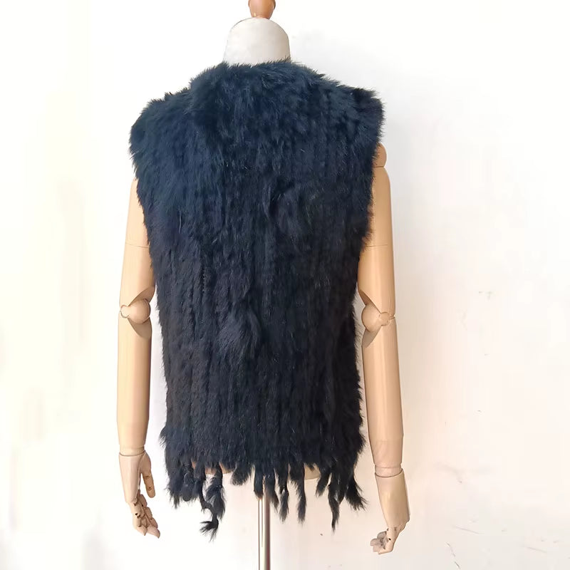 Knitted Real Rabbit Fur Vest with Tassel Casual Women Autumn Real Fur Gelit Ladies Sleeveless Real Fur Coats for Womans