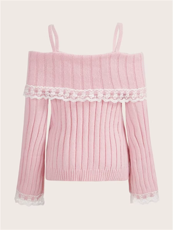Grunge Women off Shoulder Knit Sweater Pink Pullover Sweet Pullovers Long Sleeve Bow Lace Patchwork Jumpers Y2K Streetwear