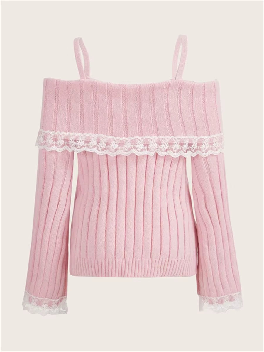 Grunge Women off Shoulder Knit Sweater Pink Pullover Sweet Pullovers Long Sleeve Bow Lace Patchwork Jumpers Y2K Streetwear