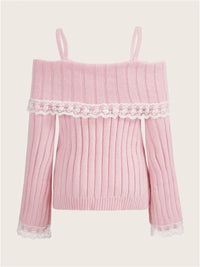 Grunge Women off Shoulder Knit Sweater Pink Pullover Sweet Pullovers Long Sleeve Bow Lace Patchwork Jumpers Y2K Streetwear