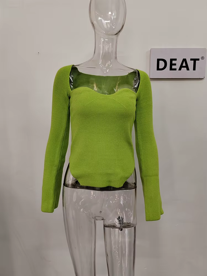 2024 New Autumn and Fit Fashion Women Clothes Cashmere Sqaure Collar Full Sleeves Elastic High Waist Sexy Pullover WK080