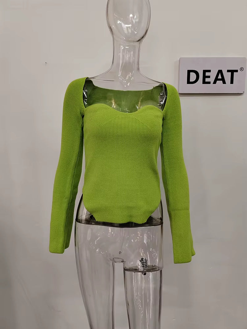 2024 New Autumn and Fit Fashion Women Clothes Cashmere Sqaure Collar Full Sleeves Elastic High Waist Sexy Pullover WK080